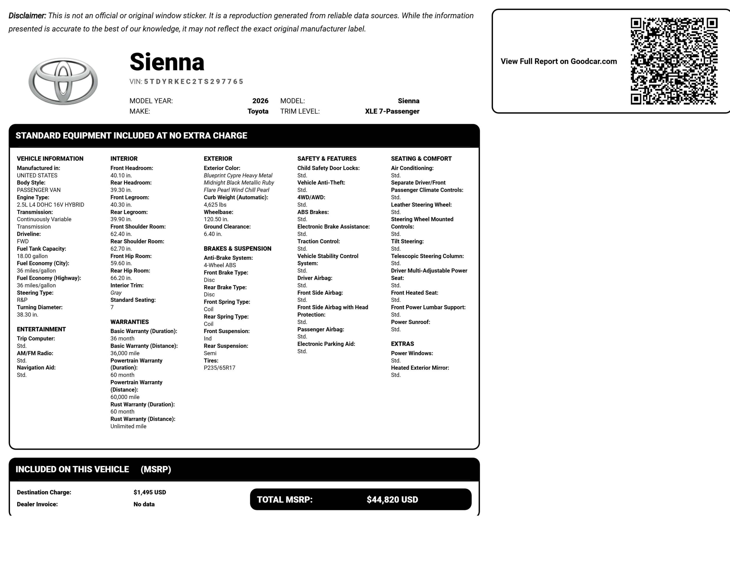 New 2026 Toyota Sienna Hybrid XLE Specifications